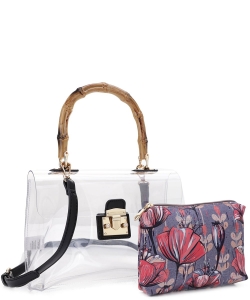 Bamboo Top Handle with Flower Pouch Clear Bag Set CR20412 BLACK